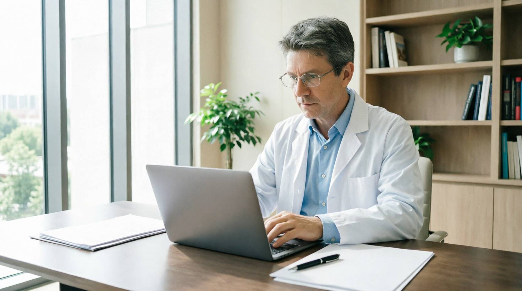 Лечение кататонии врач в белом халате сосредоточенно работает за ноутбуком в светлом кабинете..